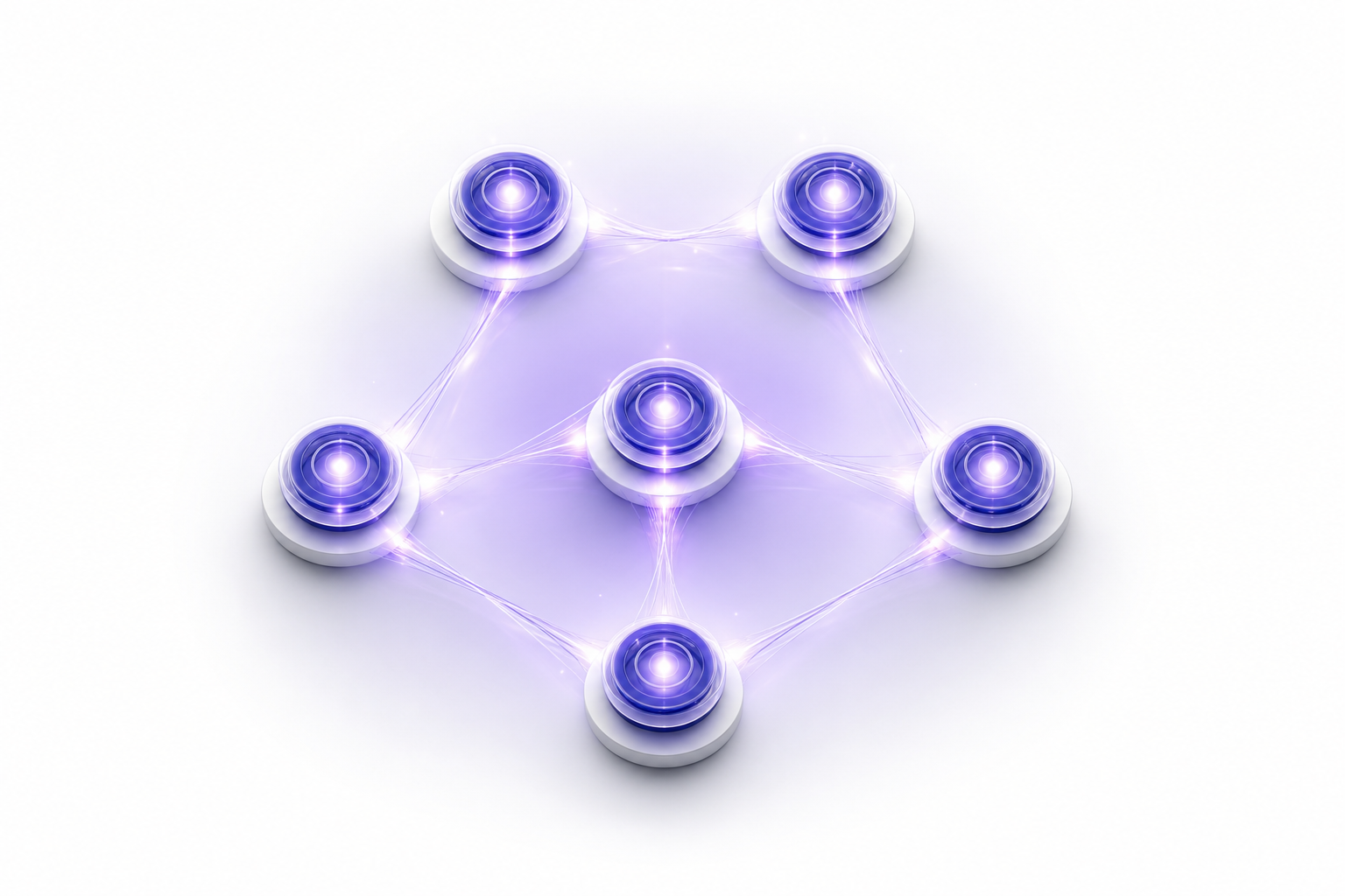 Top-down hexagonal arrangement of glowing relay nodes with light filaments
