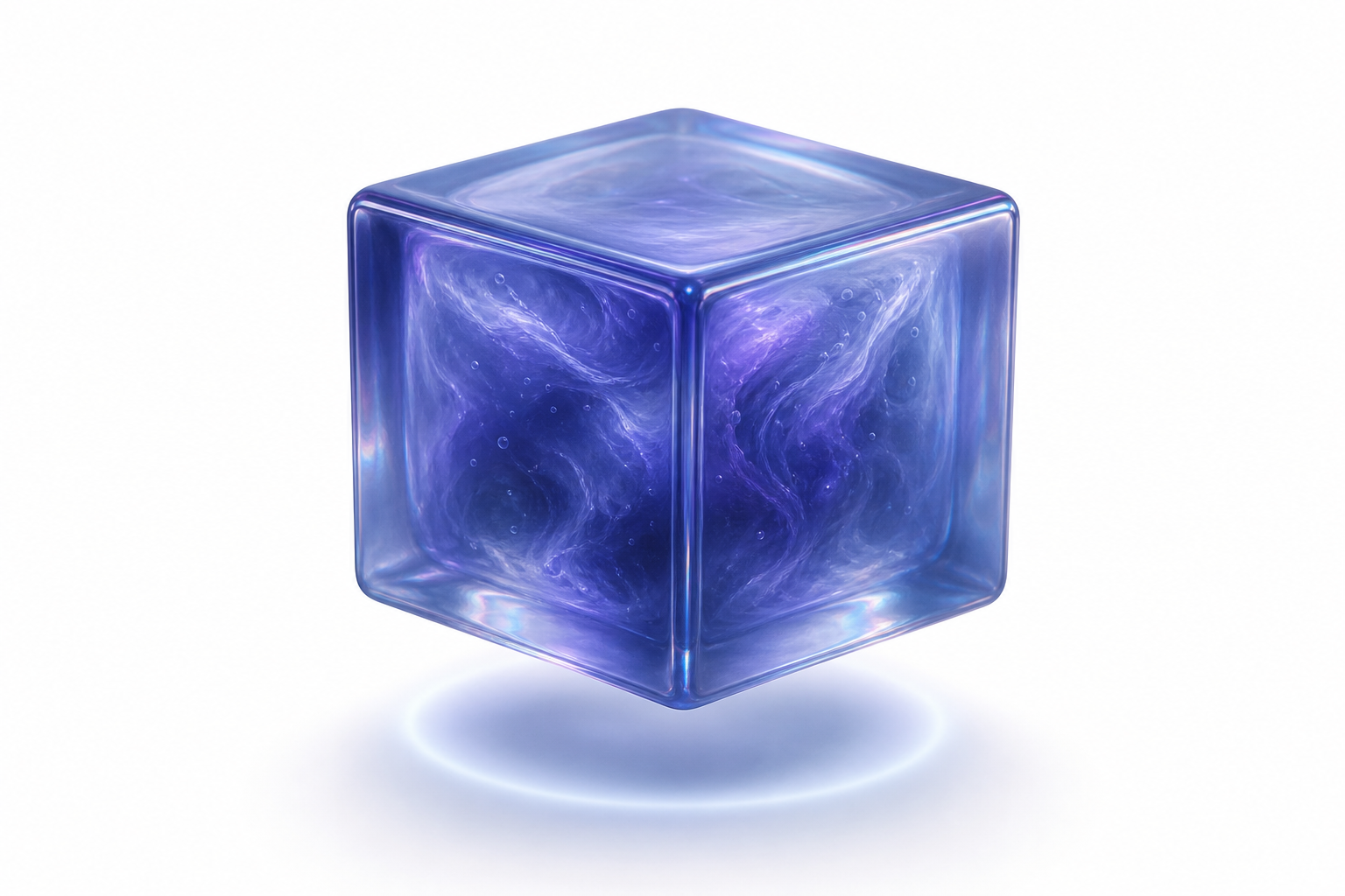 Iridescent glass cube with swirling indigo energy