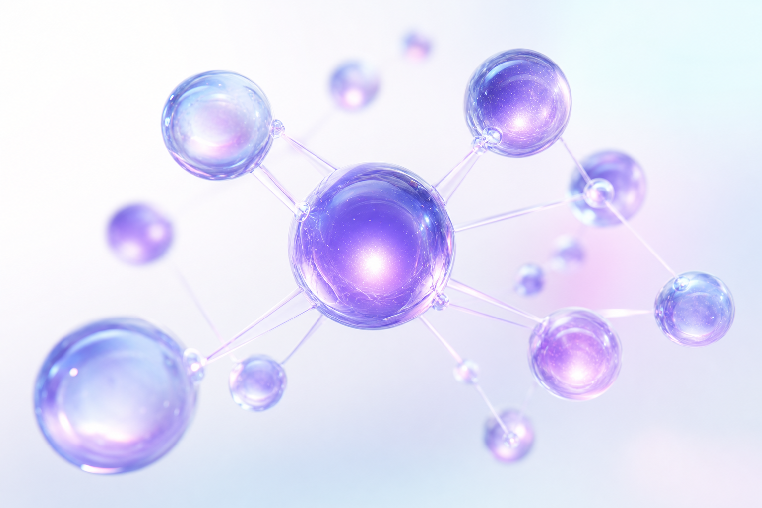 Constellation of glowing translucent indigo glass orbs connected by light filaments